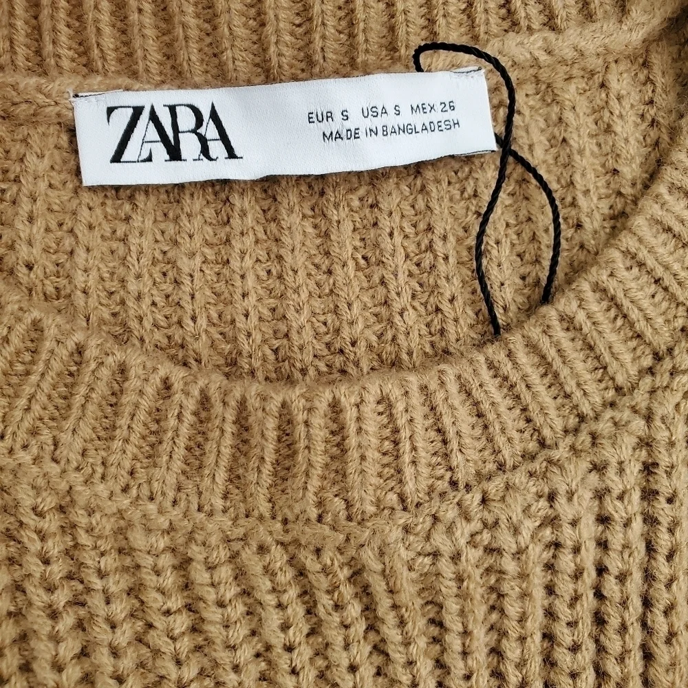 Zara Cable Knit A Line Dress In Tan
